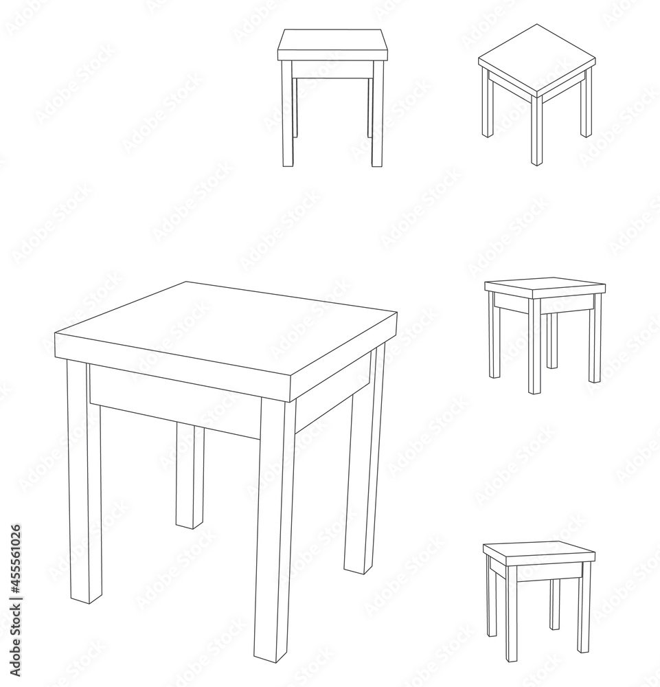 Fototapeta premium Vector wooden square stool chair, outline illustration