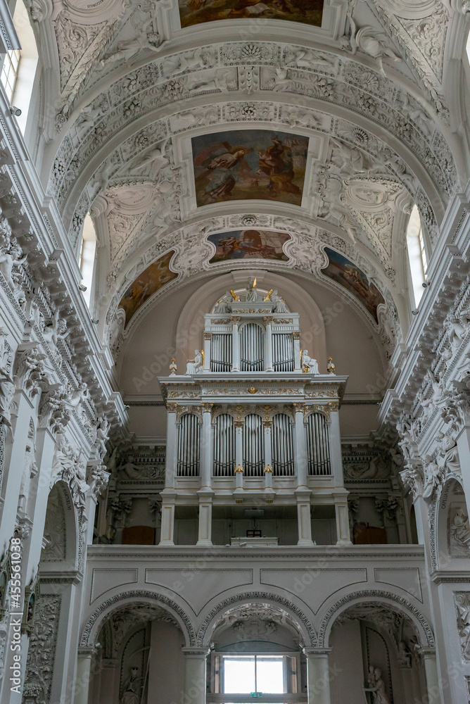 interior view of the Church of Saint Peter and Saint Paul in Vilnius with the church organ