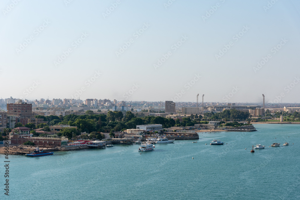 An Egyptian maritime port at the city of Tawfiq (Suburb of Suez), on the southern end of the Suez Canal before exiting into the Red Sea. 