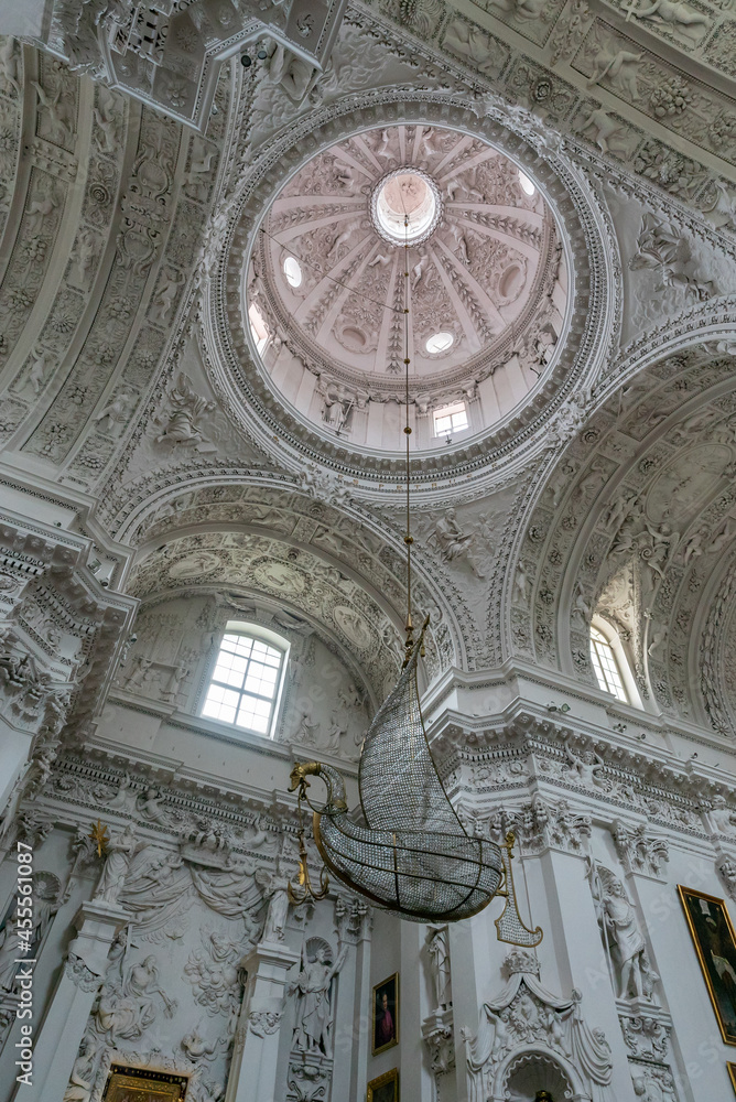 interior view of the Church of Saint Peter and Saint Paul in Vilnius with the ornate ceiling