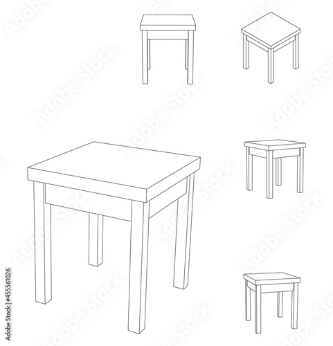 Vector wooden square stool chair, outline illustration
