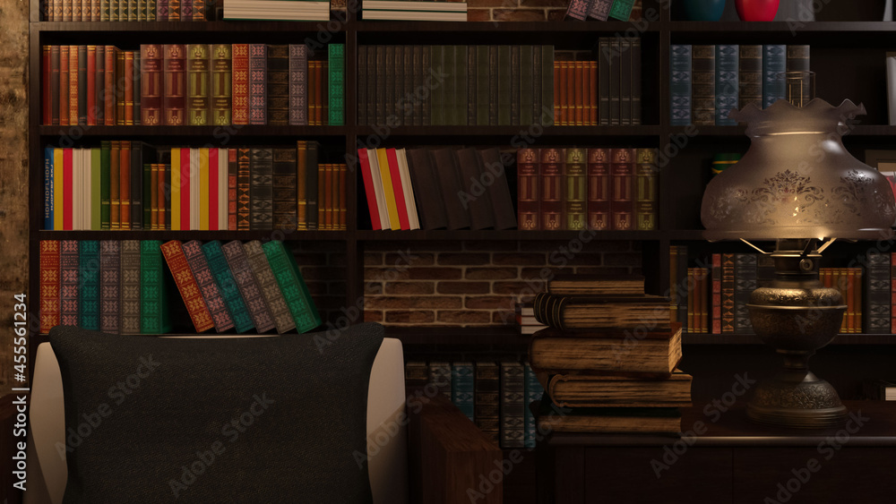 テレビ会議背景用 Zoom会議背景用 Cg 部屋 本棚 書斎 ランプ 夕暮れ 夕日 夕闇 Video Conferencing For Using In Video Conference And As A Zoom Background Stock イラスト Adobe Stock