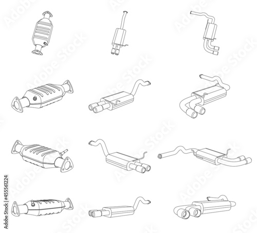 Vector perspective illustration of car exhaust pipe and catalytic converter