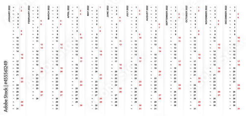 2022 vertical calendar design, Saturday and Sunday selected in different color and row.