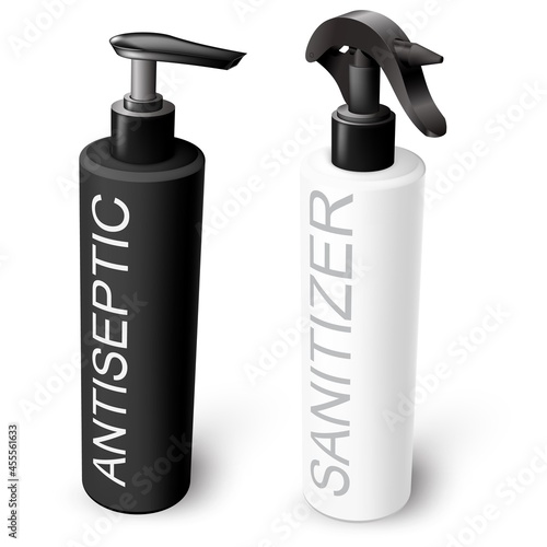 Vector sanitizer antiseptic gel and spray dispensers - black white bottles