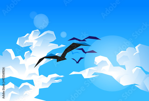 Cielo azzurro con nuvole e uccelli geometrico