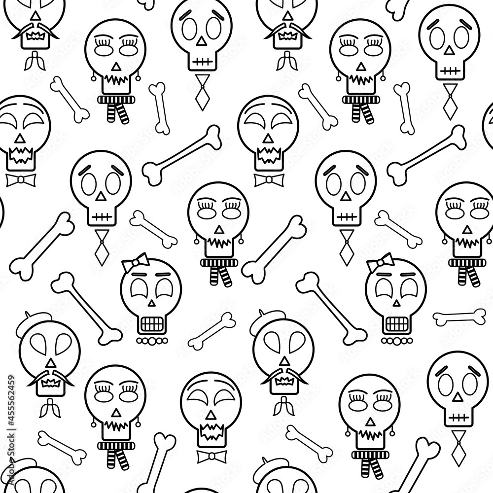 Halloween seamless pattern, simple outline vector. Print with a funny family of skulls, cute faces, bones, white background. Halloween seamless pattern, simple outline vector. Print with a funny family of skulls, cute faces, bones, white background.