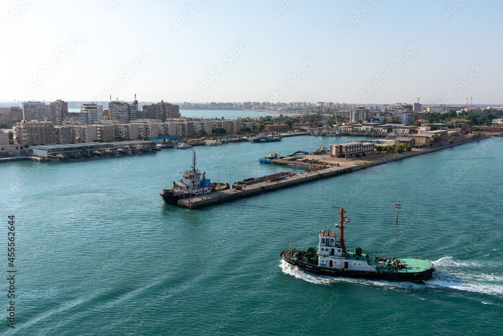 An Egyptian maritime port at the city of Tawfiq (Suburb of Suez), on the southern end of the Suez Canal before exiting into the Red Sea. 