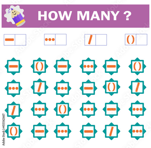 Mathematical game for Preschool children. Count how many punctuation marks - slash, hyphen, ellipsis, parentheses and write the result.