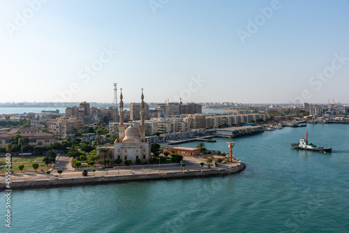 An Egyptian Mosque and maritime port at the city of Tawfiq (Suburb of Suez), on the southern end of the Suez Canal before exiting into the Red Sea. 