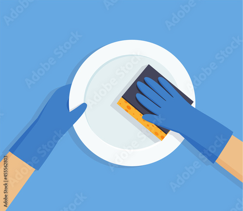 Gloved hands washing dishes. Vector flat illustration
