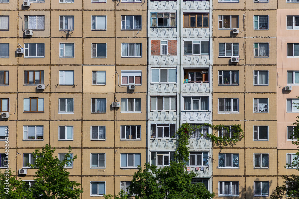 View of the facade of the apartment block. Chisinau, Republic of Moldova.