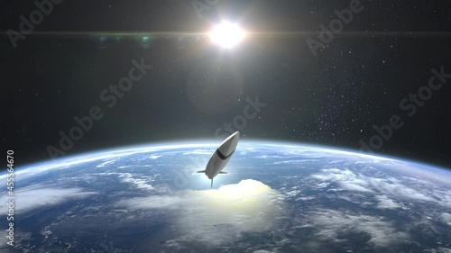 A hypersonic missile with a nuclear warhead takes off over the Earth. View from space. The rocket flies and rotates. Hypersonic weapon. Nuclear war. 4K. 3D Animation.