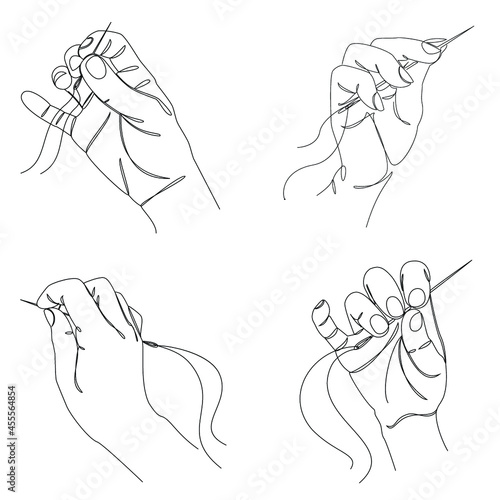 Collection. Silhouettes of a human hand that sews with a needle and thread in a modern style in one line. Solid line, decor sketches, posters, wall art, stickers, logo. Vector illustration set.