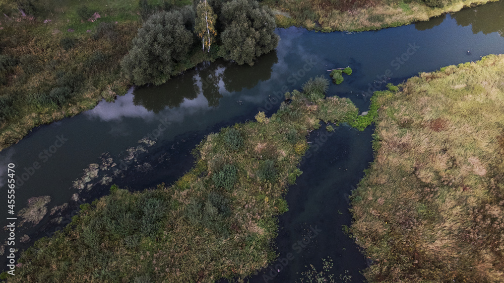 Park area. A winding river with water lilies. Swampy area. Aerial photography.
