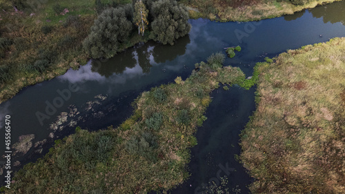 Park area. A winding river with water lilies. Swampy area. Aerial photography.