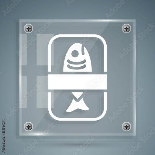 White Fish plastic tray container with cellophane cover icon isolated on grey background. Square glass panels. Vector