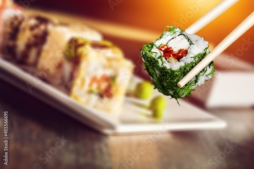 Tasty fresh sushi salmon and avocado maki