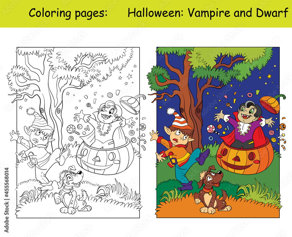 Coloring and colorful Halloween kids in costume of vampire and dwarf
