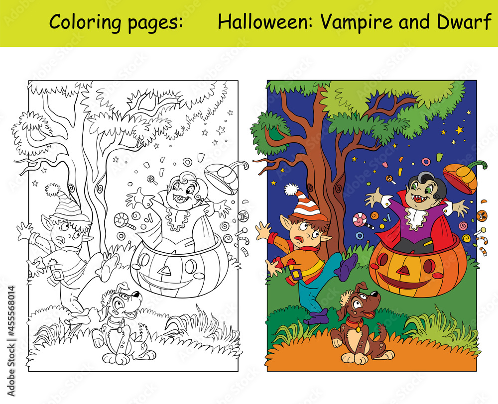 Fototapeta premium Coloring and colorful Halloween kids in costume of vampire and dwarf