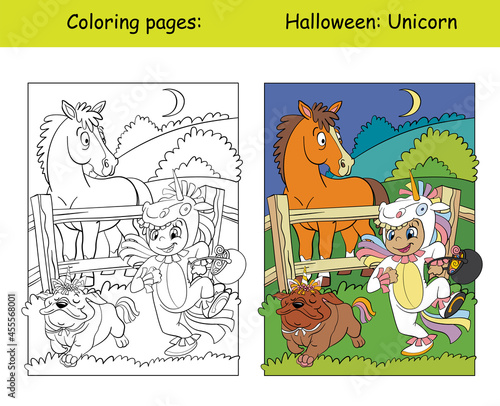 Coloring and colorful Halloween girl in unicorn costume