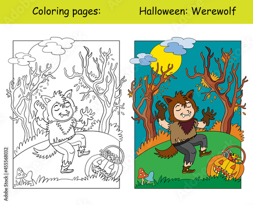 Coloring and colorful Halloween boy in werewolf costume