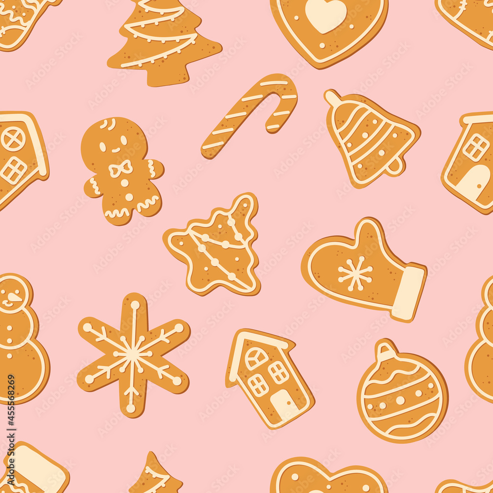 Seamless pattern with Christmas gingerbread cookies. Winter holiday food. Perfect for wrapping paper, greeting cards, textile. Gingerbread man, house, christmas tree, snowman, snowflake. Seamless pattern with Christmas gingerbread cookies. Winter holiday food. Perfect for wrapping paper, greeting cards, textile. Gingerbread man, house, christmas tree, snowman, snowflake.