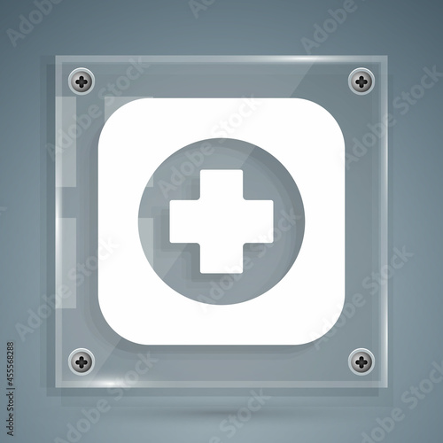 White Hospital signboard icon isolated on grey background. Square glass panels. Vector