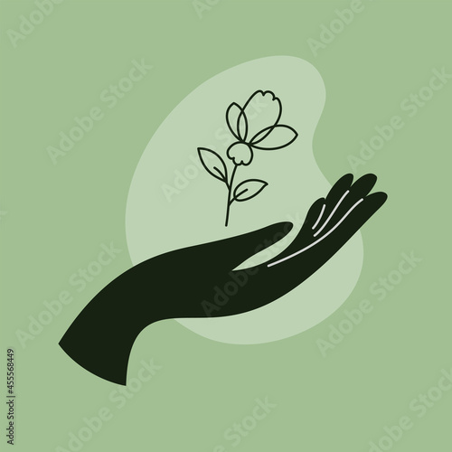 Abstract modern poster of black female hand with blooming flower. Contemporary art illustration in trendy linear style, color abstract shape. Woman holding rose. Vector logo for cosmetics, jewelry