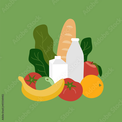 Vector illustration of healthy food. Good organic foods, habits eating, fresh diet nutrition. Foodstuff set for health lifestyle. Fruits, vegetables, greens, cereal, whole wheat bread, dairy products