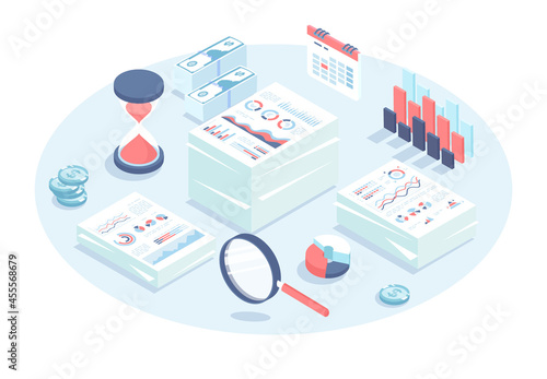 Audit, reports, accounting. Business inspection and analytics. Analysis of financial statements. Stacks of documents with graphs and charts. Vector illustration in 3d design. Isometric web banner.