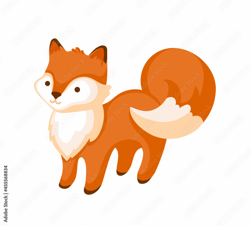 Fototapeta premium Cute ginger fluffy fur fox. Cartoon character, forest animal. Vector hand-drawn illustration.
