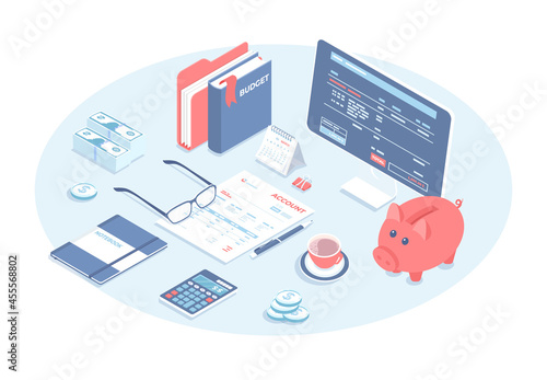 Accounting, bookkeeping, calculation. Online banking and virtual finance concept. Bill, tax, receipt payment. Vector illustration in 3d design. Isometric web banner.