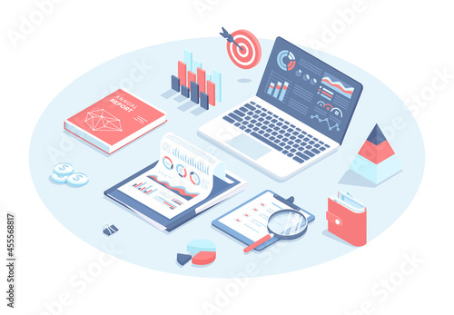 Financial research and report. Audit results. Company document with charts and business information. Vector illustration in 3d design. Isometric web banner.