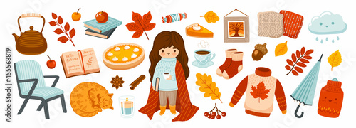Set of cute cozy home elements: cute sleeping cat, pumpkin pie, socks, sweater, books and umbrella. Autumn season collection for card, stickers, prints, wrapping paper. Vector cartoon illustration.