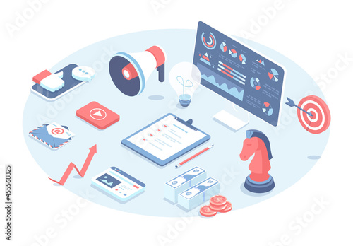 Marketing strategy. Start up, achieving company goals, business success. Business planning, organization, analytics. Vector illustration in 3d design. Isometric web banner.