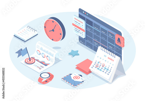 Planning electronic schedule and calendar. Mobile organizer, app page interface. Time management, using to-do lists. Reminders of meeting, event. Vector illustration in 3d design. Isometric web banner