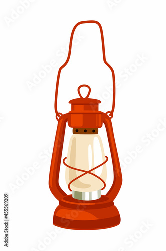 Red kerosene lamp for garden, camping, hike, forest walk. Decorative retro vintage lantern. Vector cartoon hand-drawn isolated illustration.