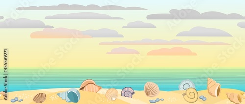 Frontal view of the seashore. Yellow sandy beach. Soft sunset sky with light clouds. Distant horizon. Shellfish and snail shells. Close up View. Seamless Vector.