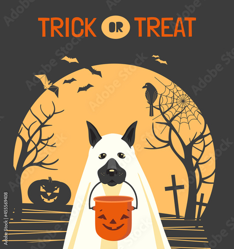 Dog in ghost costume and Halloween bucket vector illustration. Cute spooky ghost dog, candy bucket cartoon design element. Trick or Treat fun background. Happy Halloween holiday celebration decoration