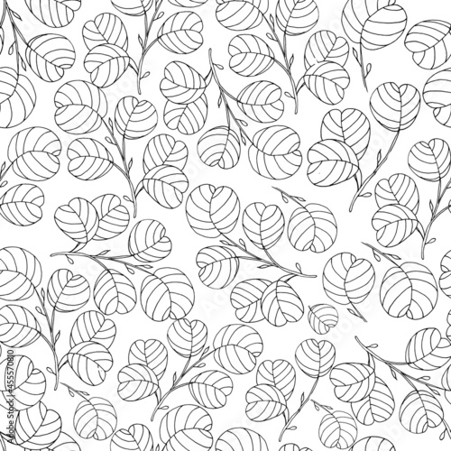Black contour of leaves on a white background. Seamless pattern for print and web pages. Vector illustration.