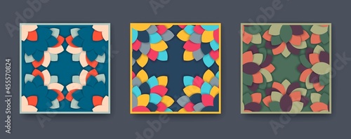 Floral 3D carving abstract design. Modern paper art style cards. Layered paper cut structure. Vector template