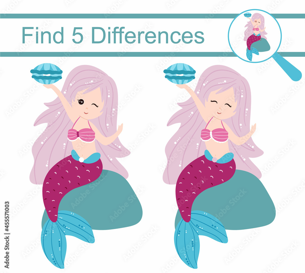 Cartoon mermaids. Find 5 differences. Educational game for children. Cartoon mermaids. Find 5 differences. Educational game for children.