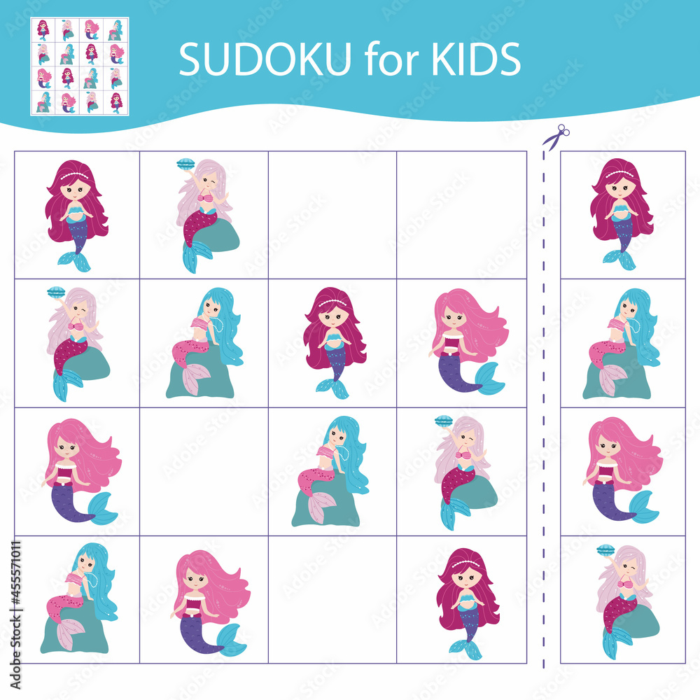 Sudoku game for kids with pictures. Cartoon little mermaids. Vector.