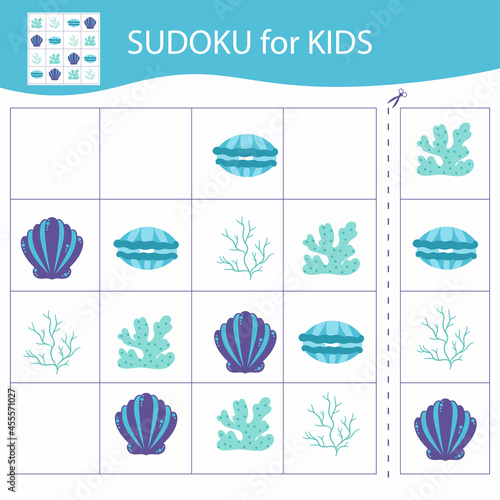 Sudoku game for kids. Elements of the underwater world.Vector, cartoon