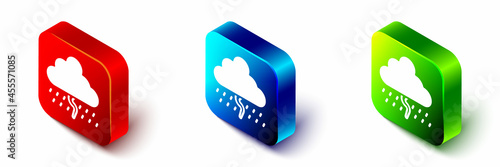 Isometric Cloud with rain and lightning icon isolated on white background. Rain cloud precipitation with rain drops.Weather icon of storm. Red, blue and green square button. Vector