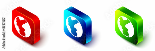 Isometric Global economic crisis icon isolated on white background. World finance crisis. Red, blue and green square button. Vector