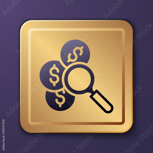 Purple Search for money icon isolated on purple background. Gold square button. Vector