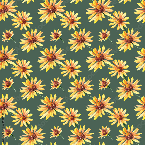 Watercolor seamless pattern. Yellow autumn flowers on a dark background. Pattern for decorating fabric and wrapping paper