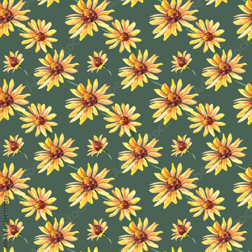 Wallpaper Mural Watercolor seamless pattern. Yellow autumn flowers on a dark background. Pattern for decorating fabric and wrapping paper Torontodigital.ca